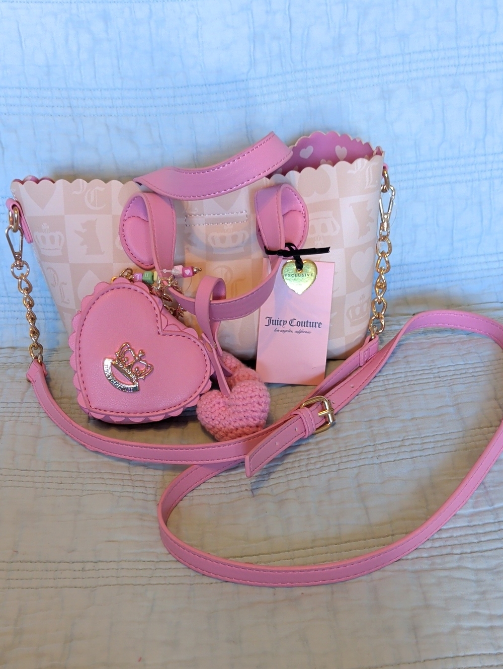 Exclusive Juicy Couture Pink Scalloped Tote with Heart Attachments